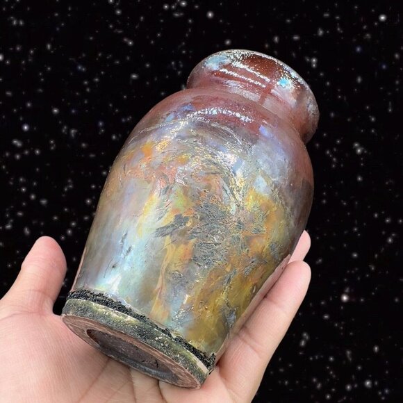 Vintage Raku Studio Art Pottery Vase Iridescent Glaze Hand Made Vessel Signed 5” - Picture 2 of 16